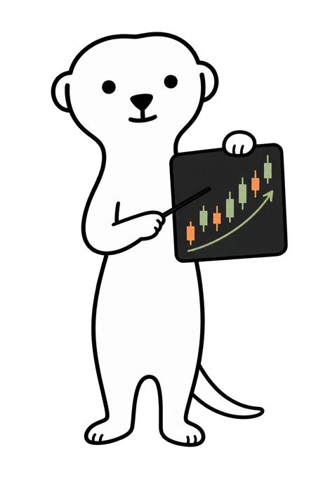 캔들 차트를 가리키며 분석하는 VUEDOT Stock 미어캣